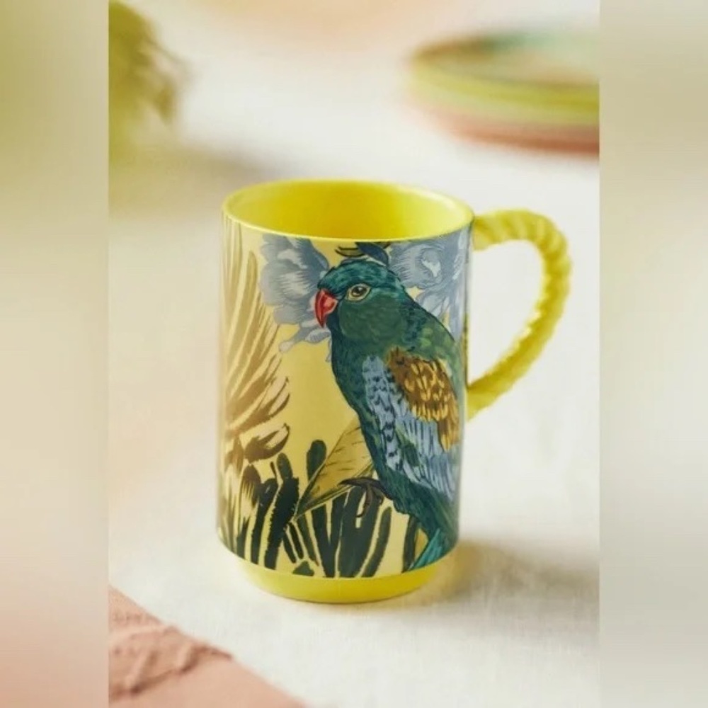 NWT Anthropologie Pluma Mug Yellow Motif Parrot Bird - Picture 2 of 2